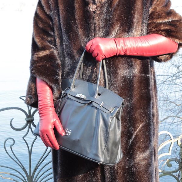 65 cm lange rote Herren Stretchlederhandschuhe - MICELI - Made in Italy